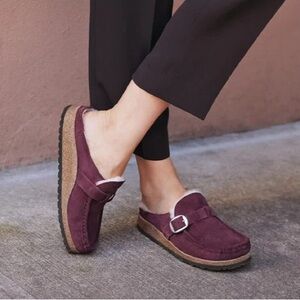 Birkenstock Women's Buckley Shearling Suede Leather Clog in Wine Purple
